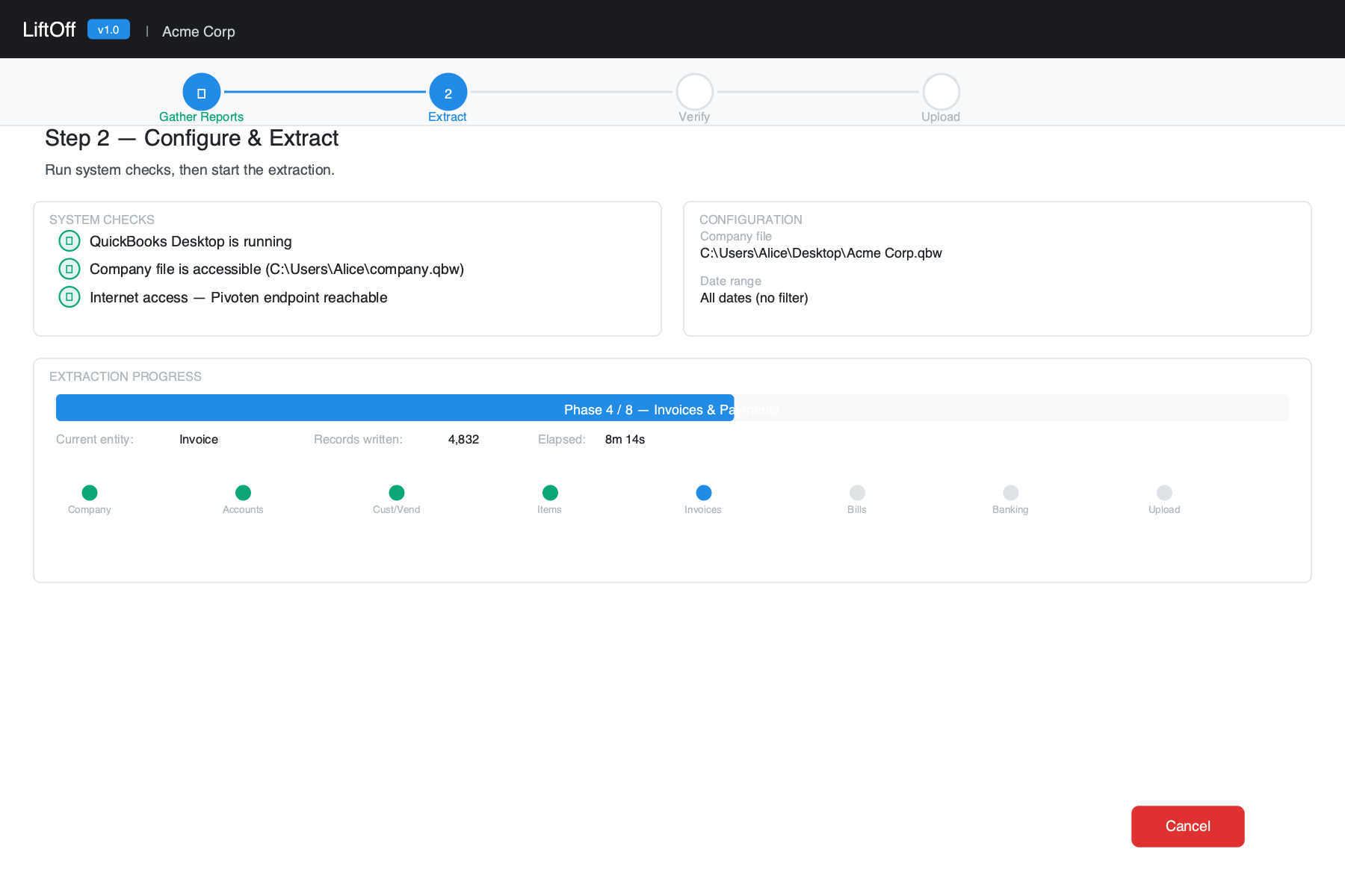 Step 2 — Extract: system checks showing all green, configuration summary, and extraction progress bar running