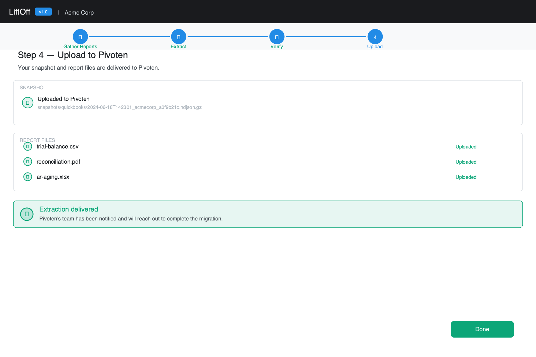 Step 4 — Upload: Migration Package creation and upload buttons, snapshot shown as uploaded with a reference key, and a green Extraction delivered confirmation banner